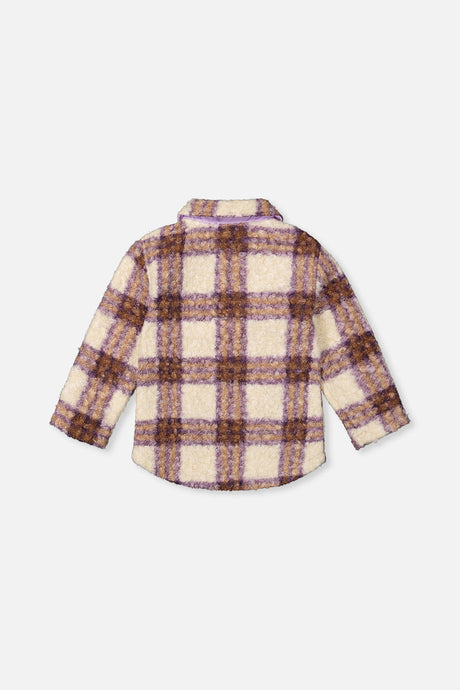 Deux par Deux Zipped Sherpa Overshirt With Chest Pockets Beige And Mauve Plaid