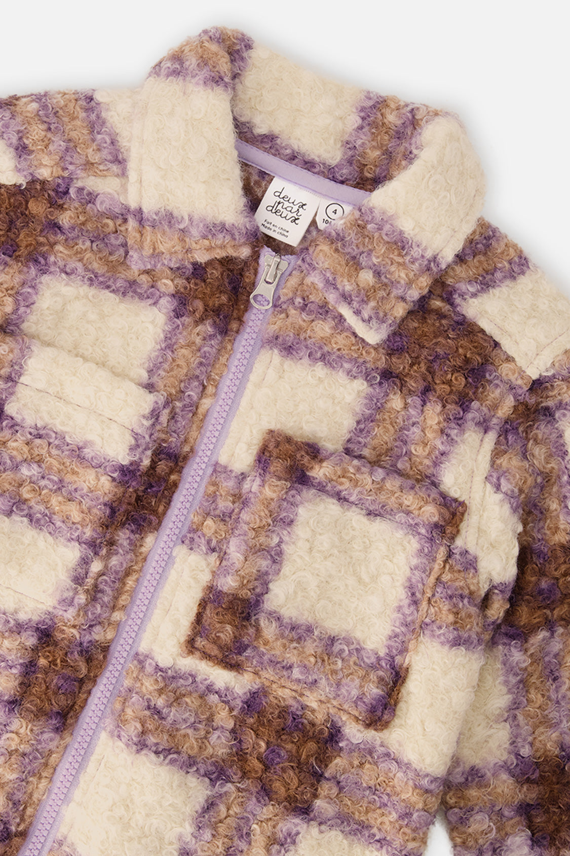 Deux par Deux Zipped Sherpa Overshirt With Chest Pockets Beige And Mauve Plaid