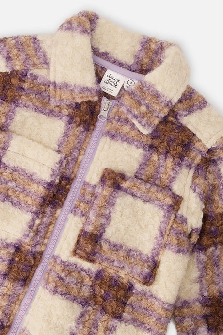 Deux par Deux Zipped Sherpa Overshirt With Chest Pockets Beige And Mauve Plaid