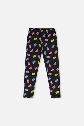 Deux par Deux black gummy bear print leggings, front view
