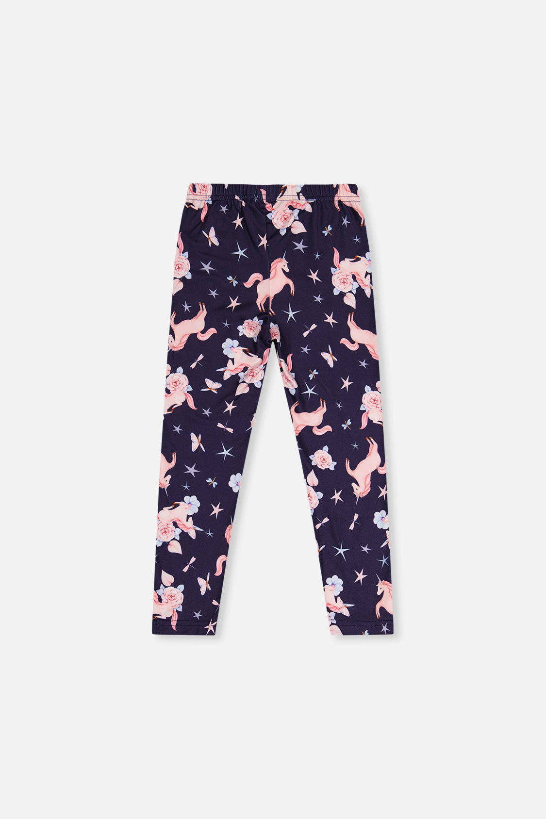 Back flat view of the navy leggings with unicorns and stars