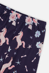 Close-up of the elastic waistband and pink unicorn print
