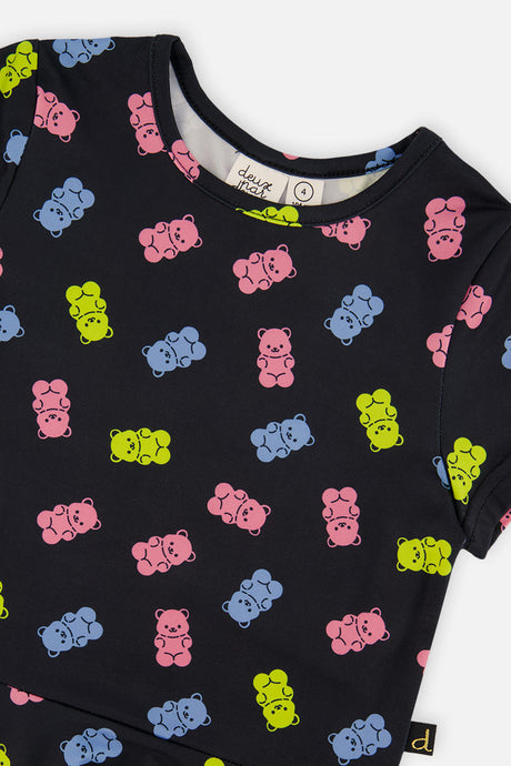 Deux par Deux Short Sleeve Dress Black Printed Gummy Bears