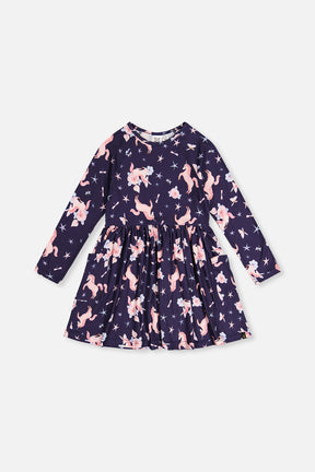 Deux par Deux navy unicorn print long sleeve dress, front view