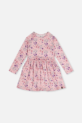 Deux par Deux pink long sleeve dress with purple flowers and daisies, front flat view