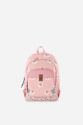 Deux par Deux little kids backpack in Pink leopard print with front compartments, top handle, and padded straps.