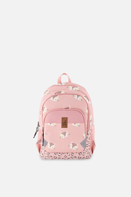 Deux par Deux little kids backpack in Pink leopard print with front compartments, top handle, and padded straps.