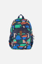 Deux par Deux little kids backpack in Navy with colorful dinosaur print, front compartments, and top carrying handle.