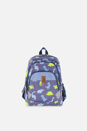 Deux par Deux little kids backpack in Blue with colorful dinosaur print, front compartments, and top carry handle.