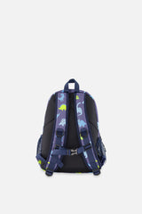 Back view of Blue dinosaur preschool backpack showing padded adjustable shoulder straps.