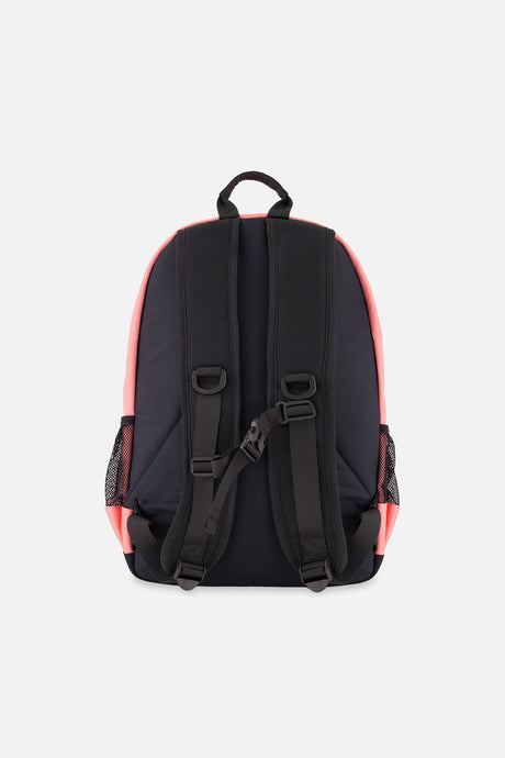 Back view of Deux par Deux kids backpack showing padded straps and black back panel.