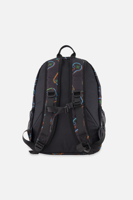 Back view of Black controller-print school backpack showing padded adjustable shoulder straps.