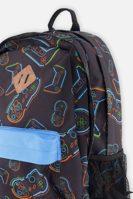 Closeup of Deux par Deux kids backpack with gaming controller print, front zipper pocket, and side storage detail.