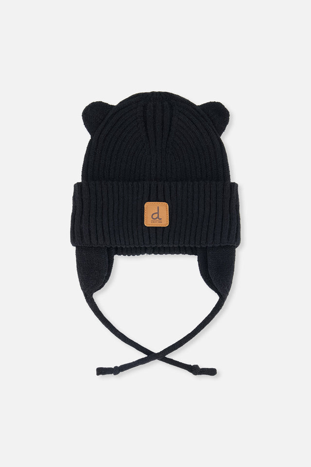 Baby Knit Hat With Strings Black-0