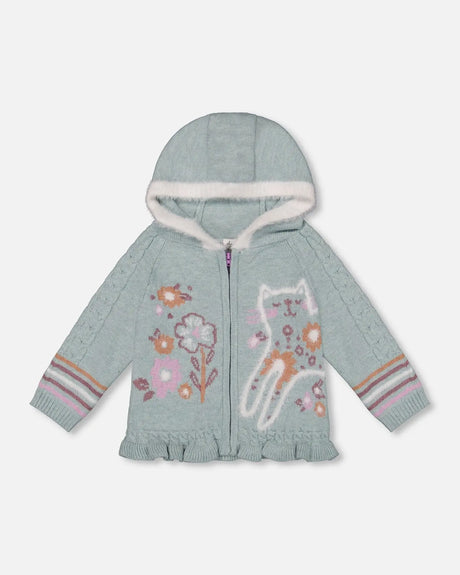 Jacquard Hooded Knit Cardigan Light Turquoise | Deux par Deux | Jenni Kidz