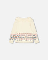 Jacquard Knit Cardigan Off White With Flowers | Deux par Deux | Jenni Kidz