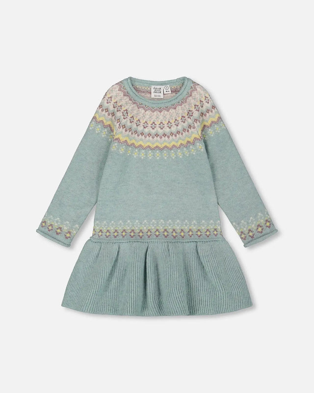 Jacquard Sweater Dress With Ribbed Skirt Jade Green | Deux par Deux | Jenni Kidz