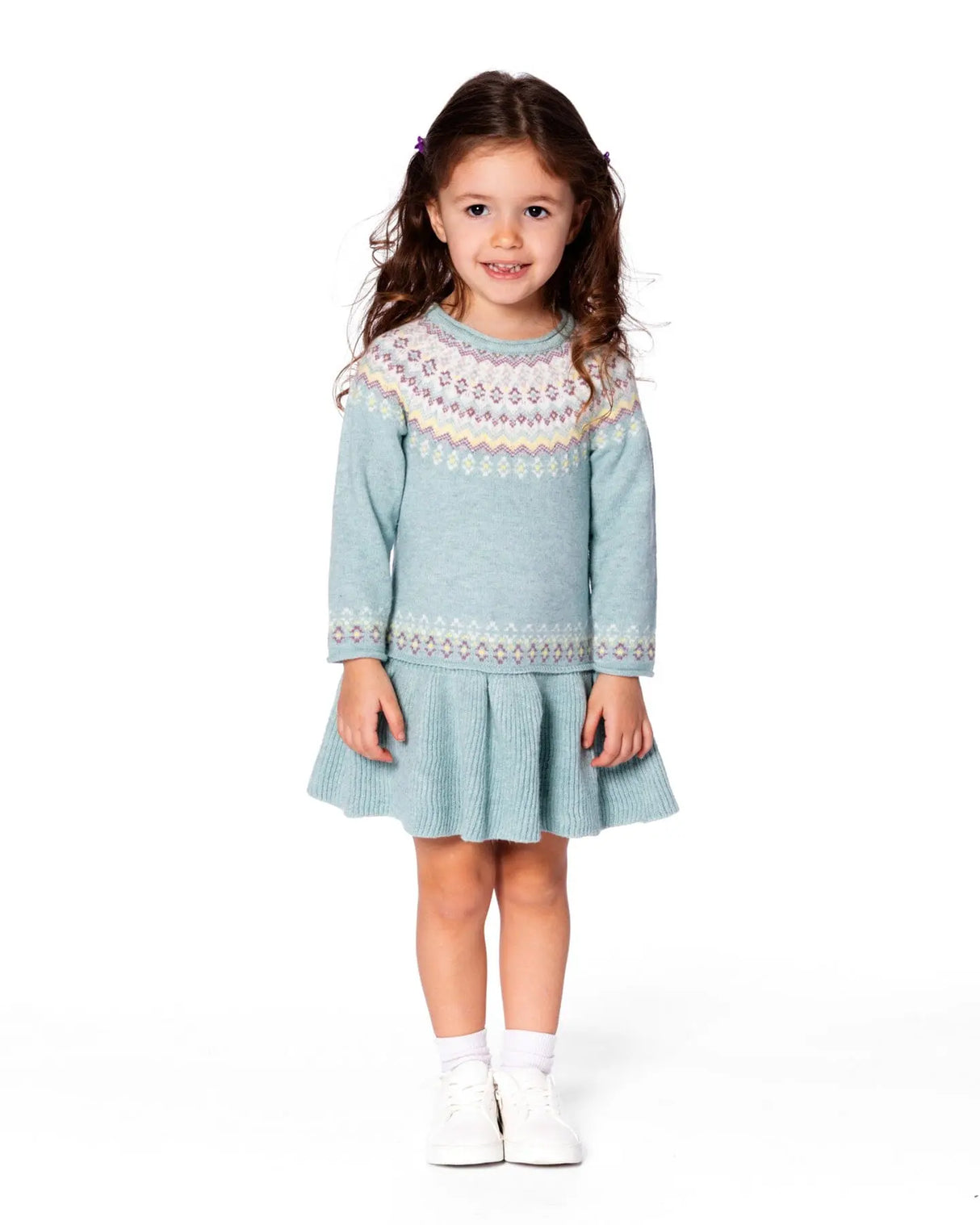 Jacquard Sweater Dress With Ribbed Skirt Jade Green | Deux par Deux | Jenni Kidz