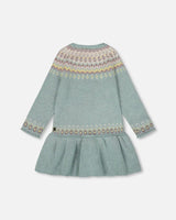 Jacquard Sweater Dress With Ribbed Skirt Jade Green | Deux par Deux | Jenni Kidz