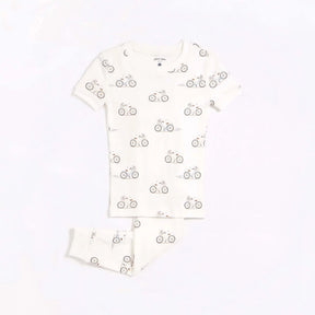 "la bicyclette" print on off-white pajama set | petit lem