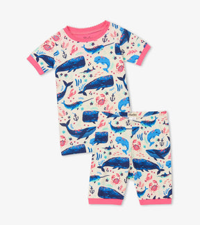Hatley girls Aquatic Friends organic cotton short pajama set in Off-White/Blue/Pink with matching shorts.