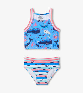 Hatley girls Aquatic Friends tankini set in Blue/Pink with sea-creature top and striped bikini bottom