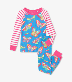 Hatley girls Botanical Butterflies organic cotton raglan pajama set in Teal/Pink with matching pants.