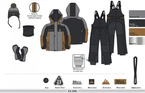 Blizz boys Cathay Spice snowsuit feature layout showing included accessories and winter protection details.