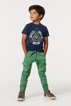 Boy wearing Noppies Ganzhou washed green cargo sweatpants, front lifestyle view