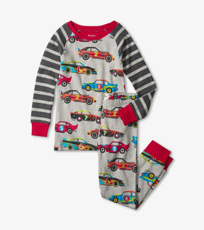 Hatley boys Classic Race Cars organic cotton raglan pajama set in Gray/Red with matching pants.