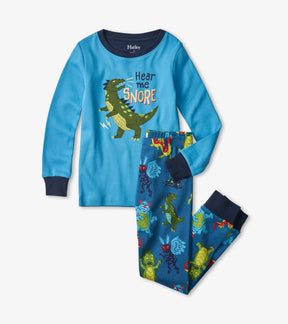 Hatley boys Creepy Cryptids glow-in-the-dark appliqué pajama set in Turquoise/Navy with matching pants.