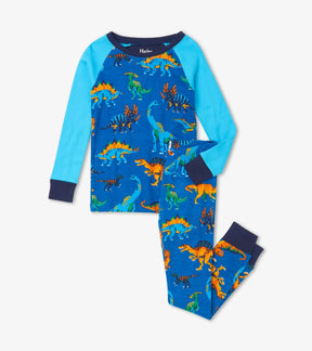 Hatley boys Dino Park organic cotton raglan pajama set in Blue with light blue sleeves and matching pants.