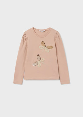 Mayoral girls Beige dragonfly long sleeve T-shirt with sequin details and soft cotton stretch.