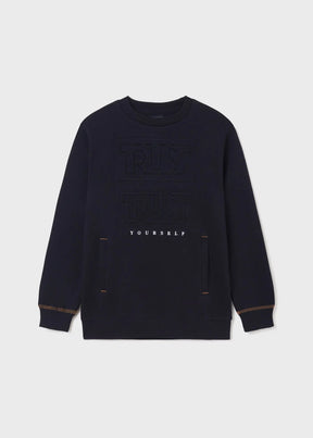 Mayoral boys Navy embossed graphic sweatshirt with long sleeves and round neckline.
