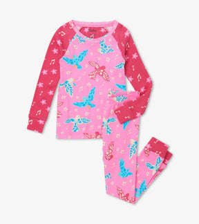 Hatley girls Floral Birds organic cotton raglan pajama set in Pink/Fuchsia with matching pants.