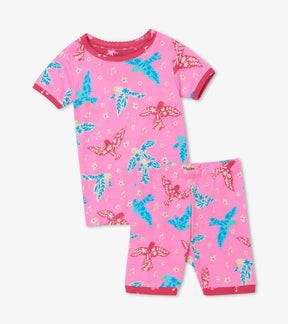 Hatley girls Floral Birds organic cotton short pajama set in Pink/Teal with matching shorts.