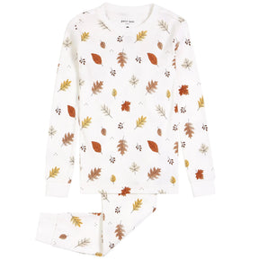 Petit Lem girls Foliage print pajama set in Off-White with autumn leaves and matching pants.