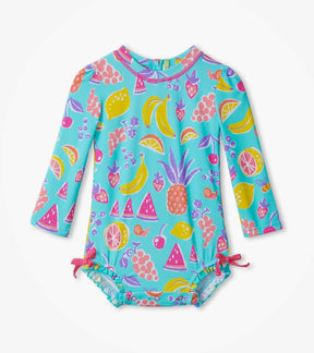 Hatley baby girl Fresh Fruits rashguard swimsuit in Aqua/Multi with long sleeves and bow details