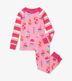 Hatley girls Fruity Pops organic cotton raglan pajama set in Pink/Coral with matching pants.