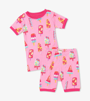 Hatley girls Fruity Pops organic cotton short pajama set in Pink/Multi with matching shorts.