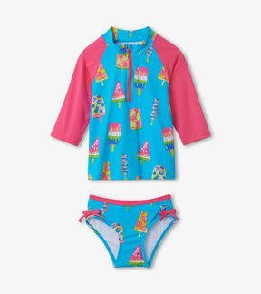 Hatley girls Fruity Pops rashguard set in Blue/Pink with front zip top and bikini bottoms