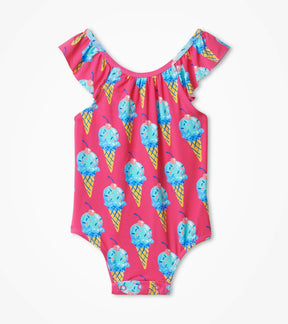 Hatley baby girl Ice Cream Cones ruffle swimsuit in pink with blue cone print