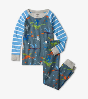Hatley boys Knights and Dragons organic cotton raglan pajama set in Blue/Multi with matching pants.