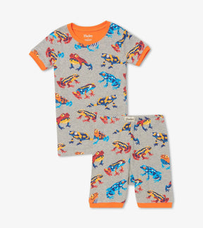 Hatley boys Leaping Frogs organic cotton short pajama set in Gray with orange trim and matching shorts.