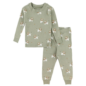 Petit Lem boys Lion print pajama set in Sage Green with matching cotton pants and cuffed jogger legs.
