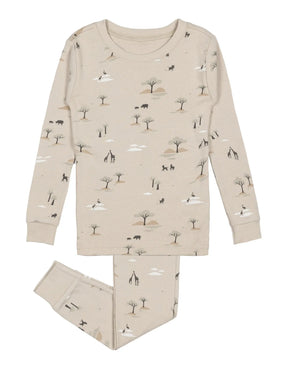 Petit Lem boys Serengeti print pajama set in Beige/Green with matching cotton pants and ribbed cuffs.