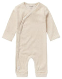 Girl oatmeal Noppies Nevis baby playsuit, front view with wrap closure