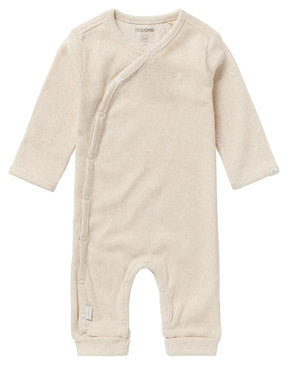 Girl oatmeal Noppies Nevis baby playsuit, front view with wrap closure