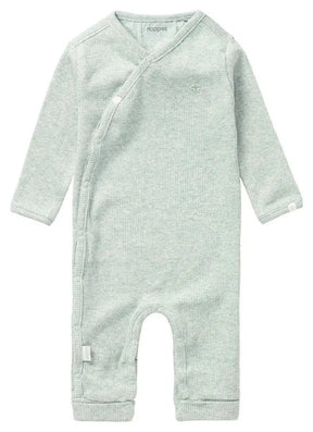 Grey mint Nevis playsuit, alternate front view with wrap snaps