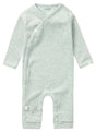 Grey mint Nevis playsuit, alternate front view with wrap snaps